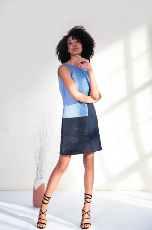Recycled Denim Patchwork Mini Dress - Main Image