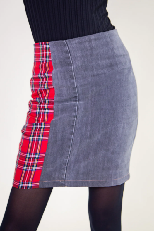 Red Tartan and Recycled Denim Mini Skirt