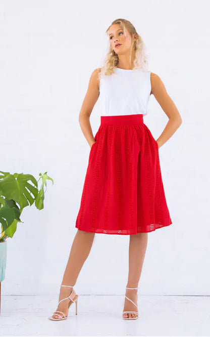 Red Embroidered Organic Cotton Midi Skirt