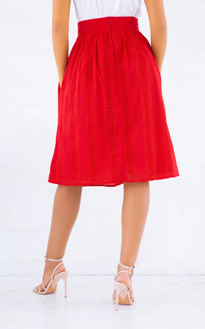 Red Embroidered Organic Cotton Midi Skirt