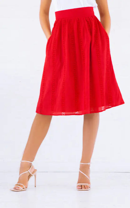 Red Embroidered Organic Cotton Midi Skirt