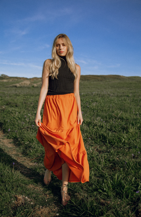 Orange Recycled Gathered Maxi Skirt